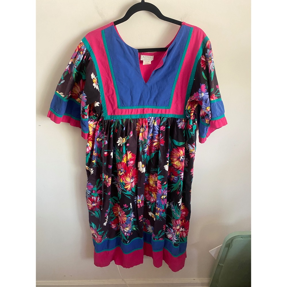 Vintage Appel 90s Floral Muumuu Dress Pink Blue Colorblock Cotton Made in USA L
